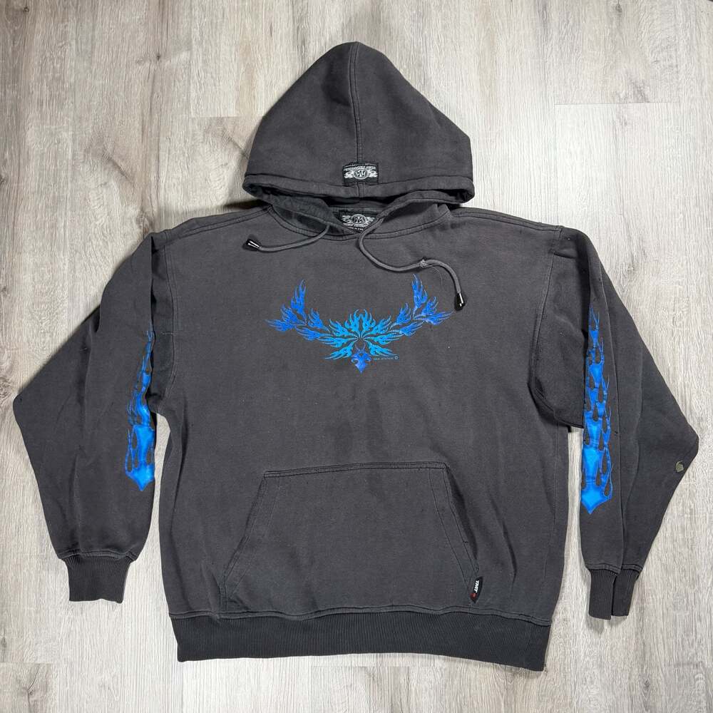 New Attitude Vintage Y2K Black Hoodie Blue Flame Graphic Sleeves Large Grunge
